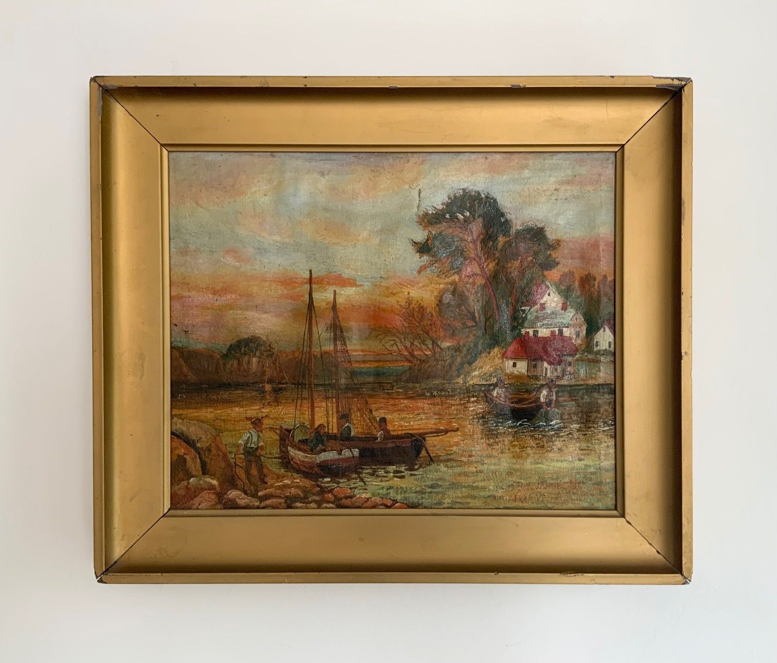 photo for sale Antique Folk Art Oil On Canvas Fisherman’s Scene Landscape 19th Century