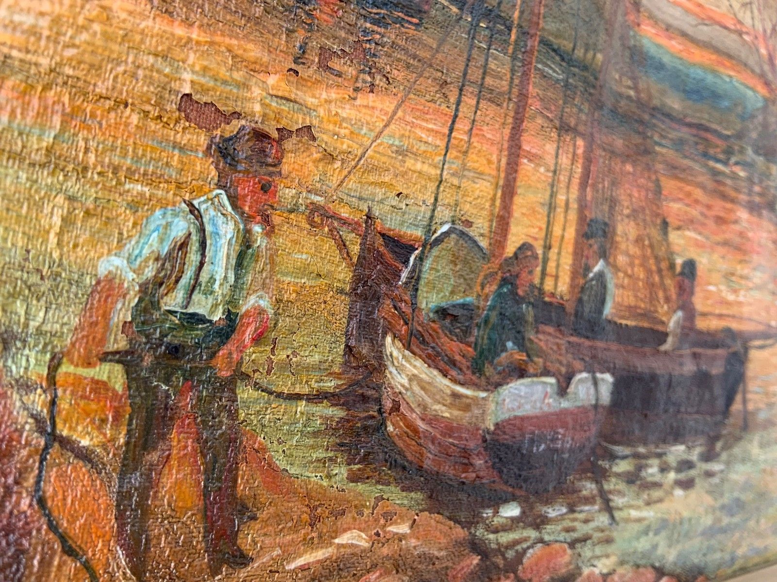 Art Antique Folk Art Oil On Canvas Fisherman’s Scene Landscape 19th Century photo