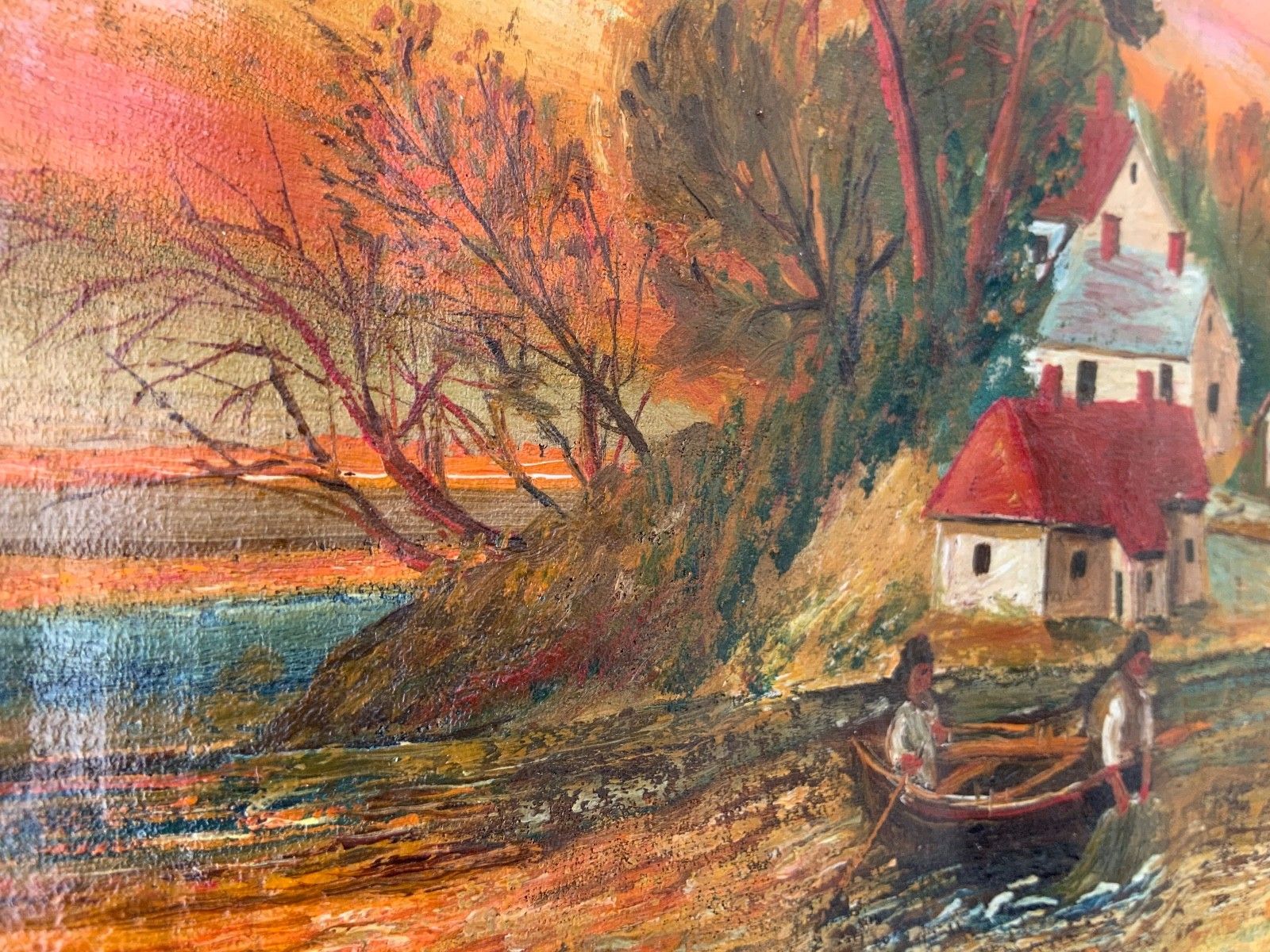 450.0 Antique Folk Art Oil On Canvas Fisherman’s Scene Landscape 19th Century photo