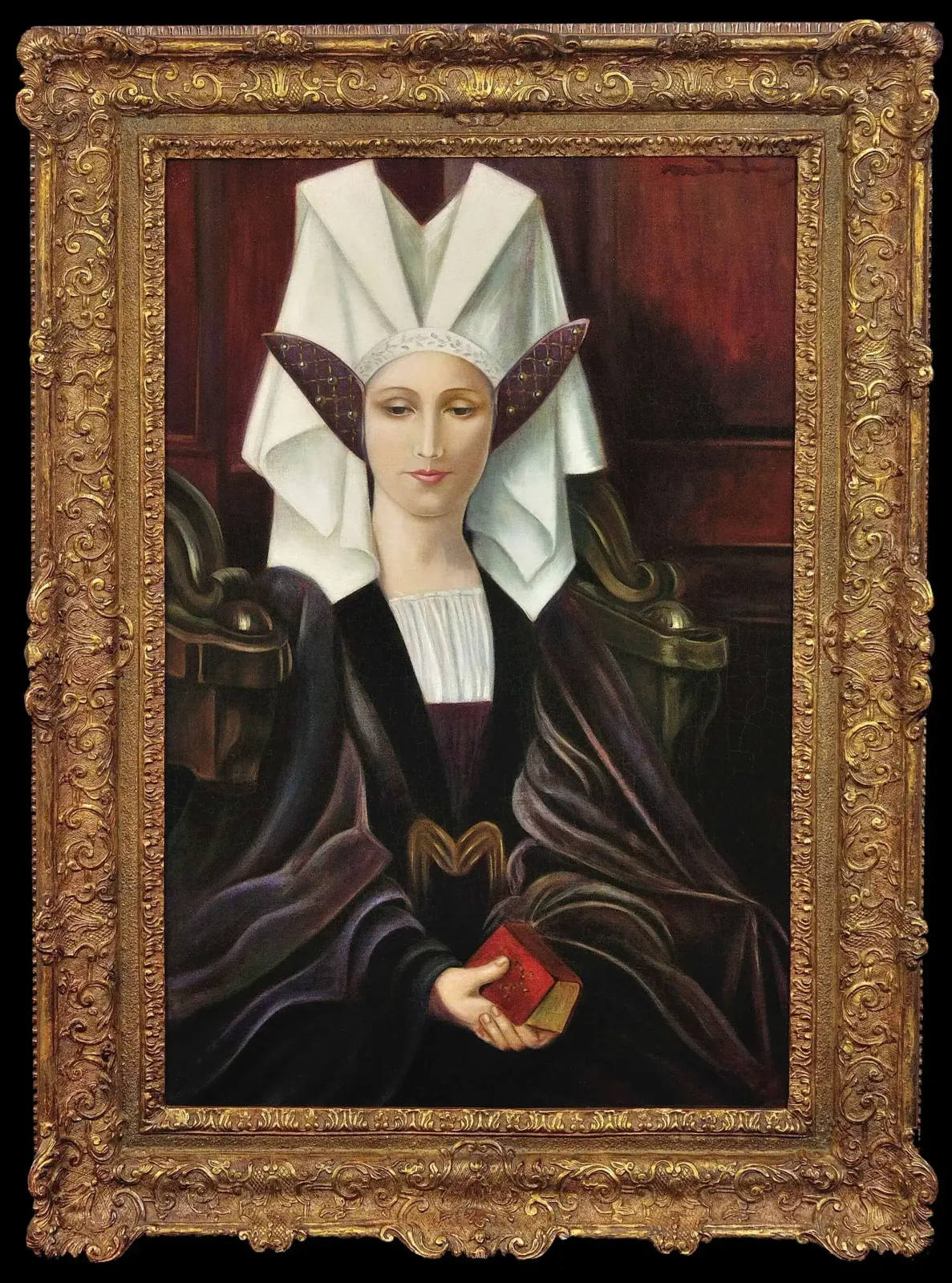 Follower Of Edgard Maxence 1871 To 1954. Framed Bretagne Breton Symbolist Oil Painting Circa 1910. Liturgical Costume.