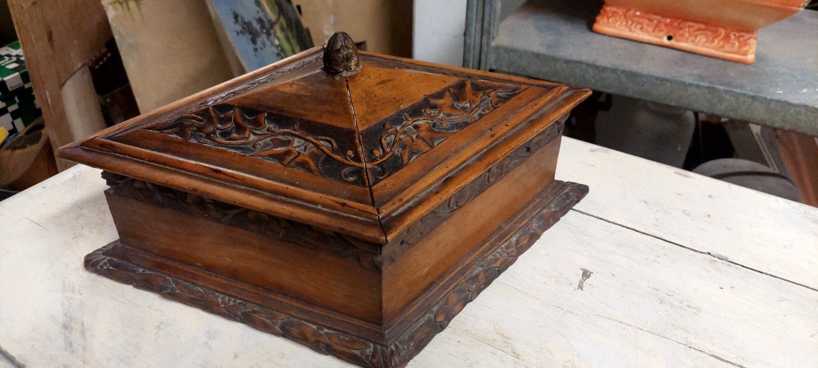 Antique Rhomboidal Carved Wood Cilegio Box 19th Century Italy photo Home Decor
