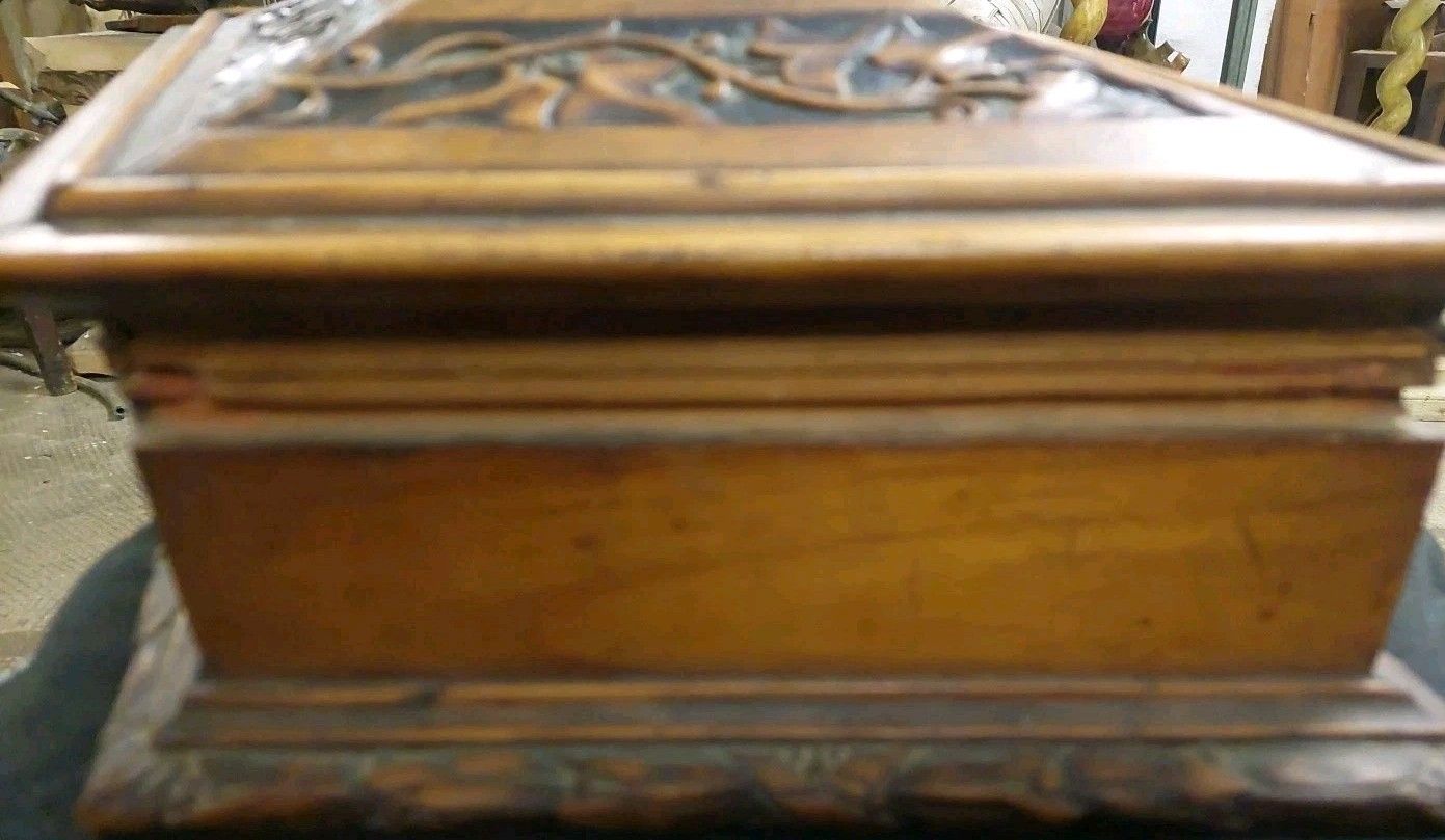 photo for sale Antique Rhomboidal Carved Wood Cilegio Box 19th Century Italy
