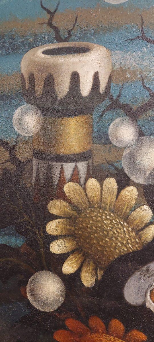 Large Surrealist Oil Painting On Canvas By The Painter Gianfranco Rontani. Size 118 X 97 Cm. photo 476.0