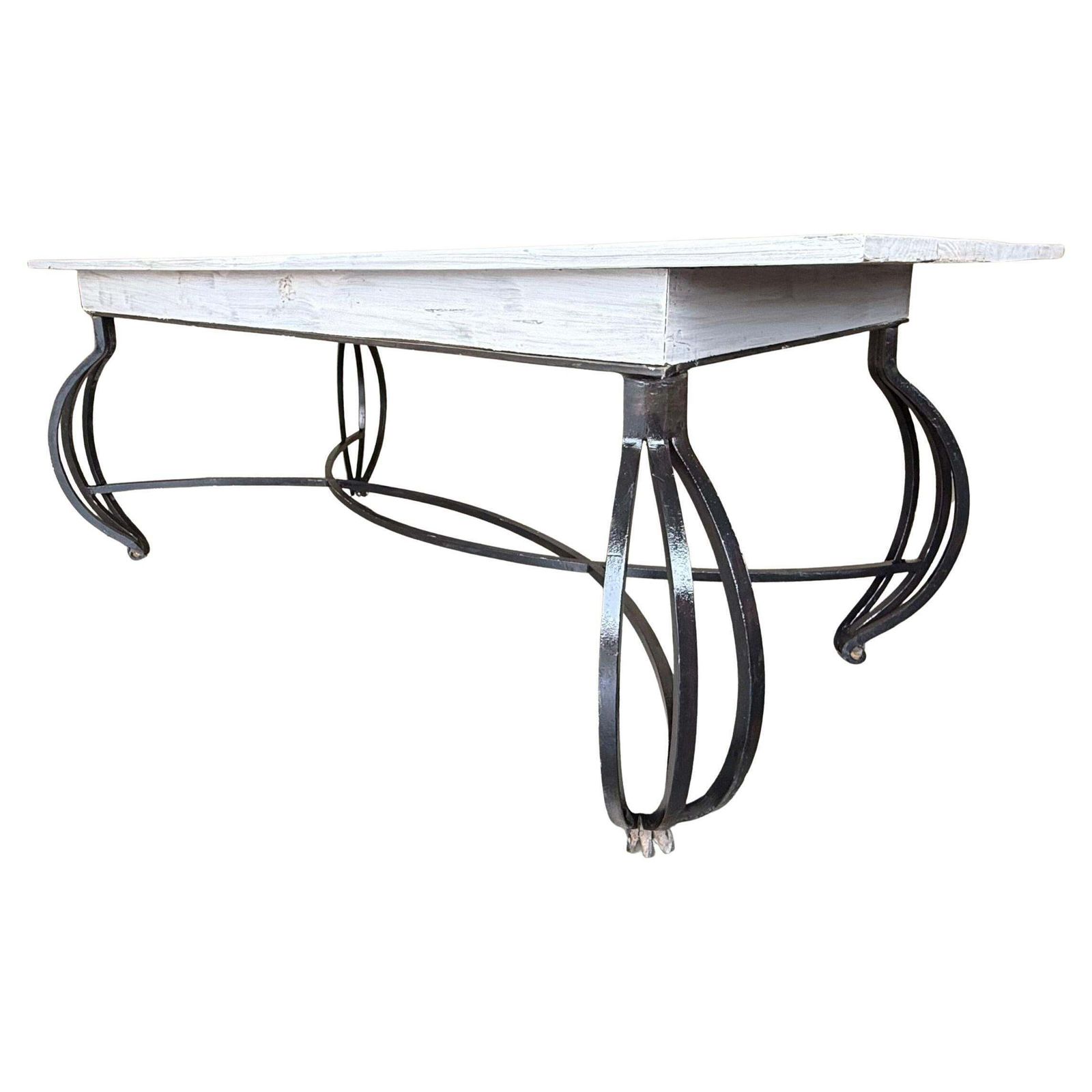 Dining Table With Large White Wood Top And Solid Forged Iron Curved Legs