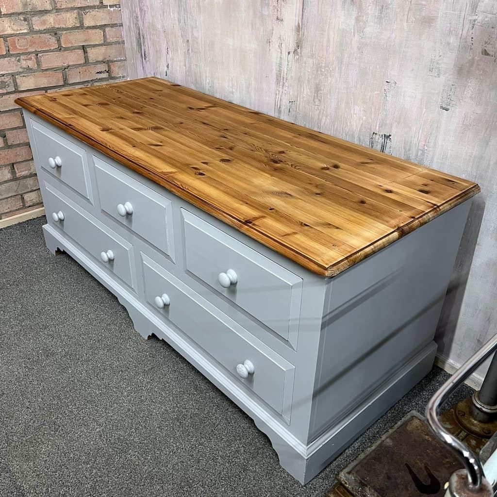 Modern Painted Long Pine Sideboard 5 Drawers Pale Grey Sanded Top Knob Handles photo furniture