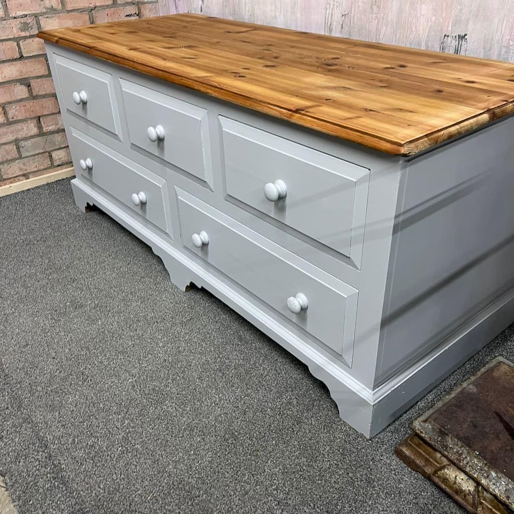 Modern Painted Long Pine Sideboard 5 Drawers Pale Grey Sanded Top Knob Handles photo for sale