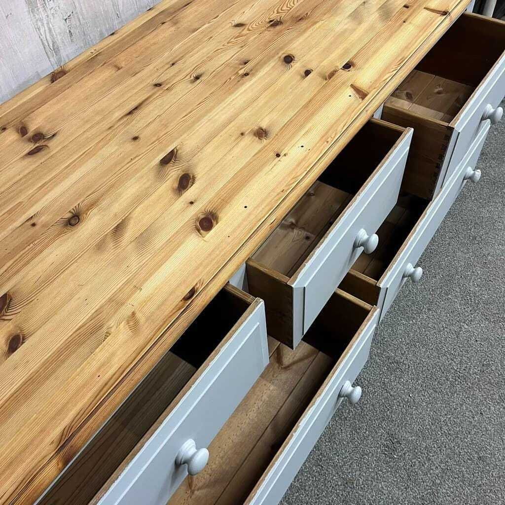 Modern Painted Long Pine Sideboard 5 Drawers Pale Grey Sanded Top Knob Handles photo vintage