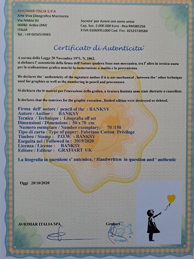 Banksy Art Print Balloon Girl Certificate photo Art
