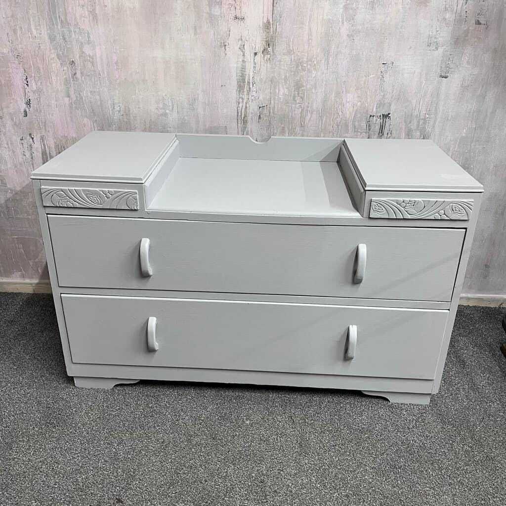 1950s Painted Dark Wood Dressing Table With 2 Drawers Pale Grey photo furniture