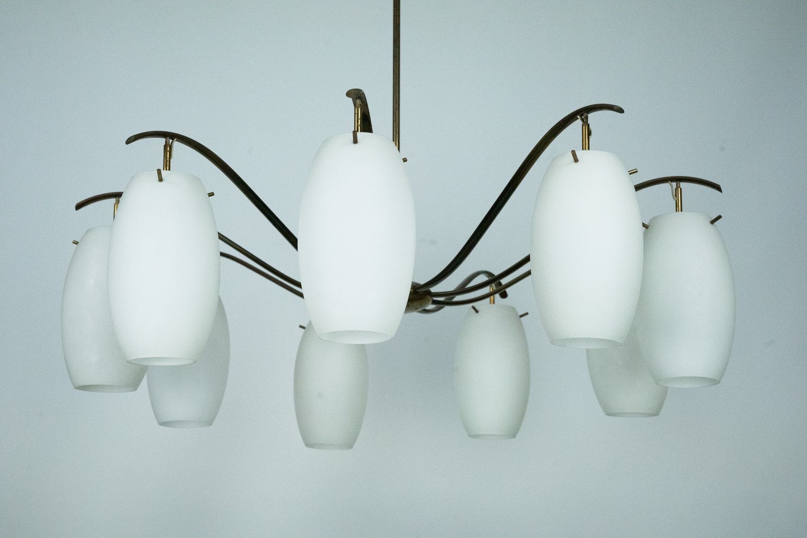 Rare Arredoluce Monza, 9 Light Brass And Opaline Glass Chandelier, Italy 1950s