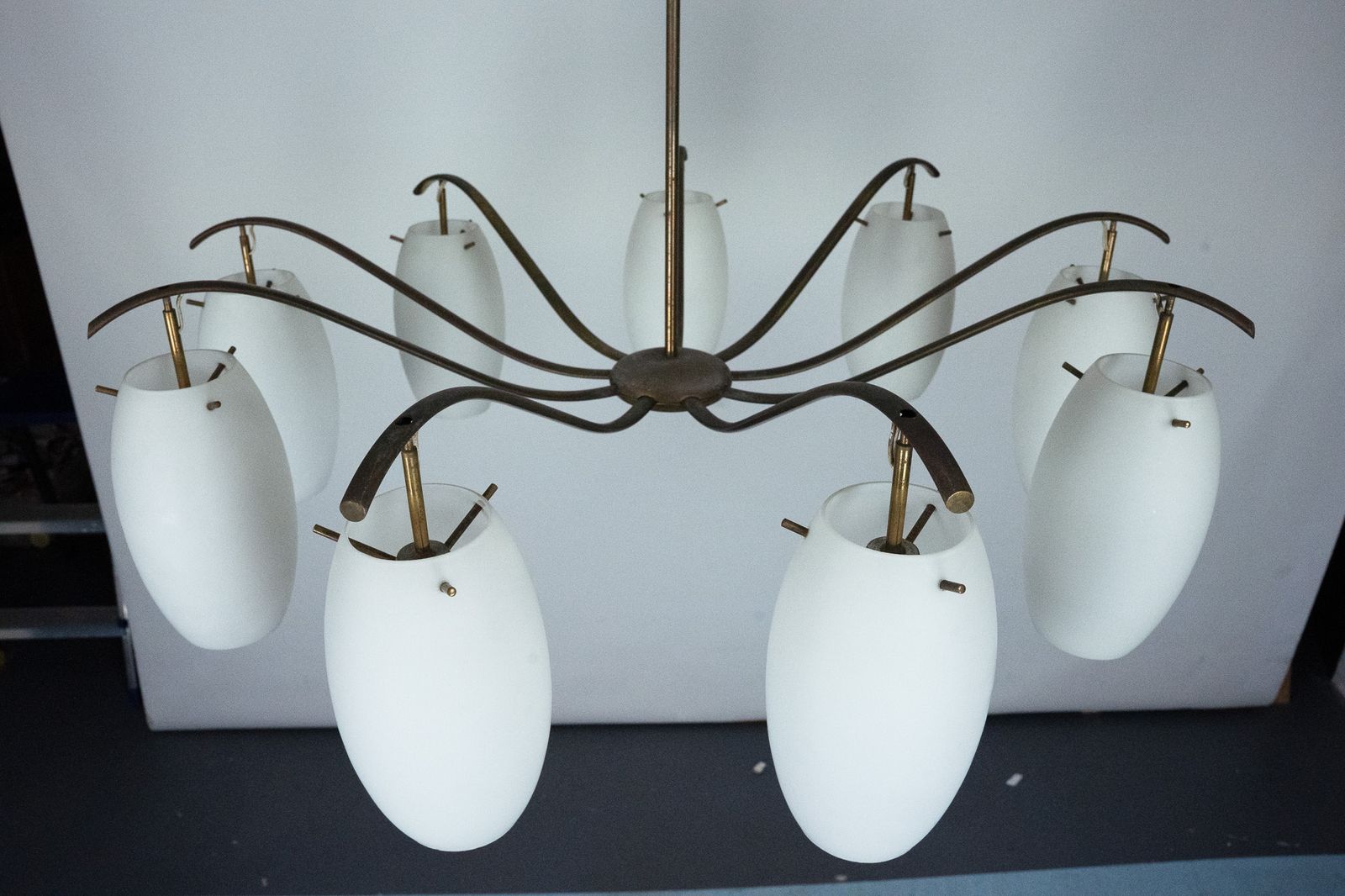 Rare Arredoluce Monza, 9 Light Brass And Opaline Glass Chandelier, Italy 1950s photo buy