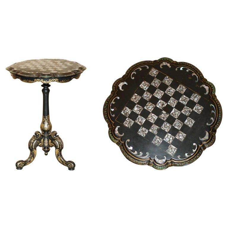 Antique Victorian 1860 Black Lacquer Mother Of Pearl Chess Tilt Top Games Table