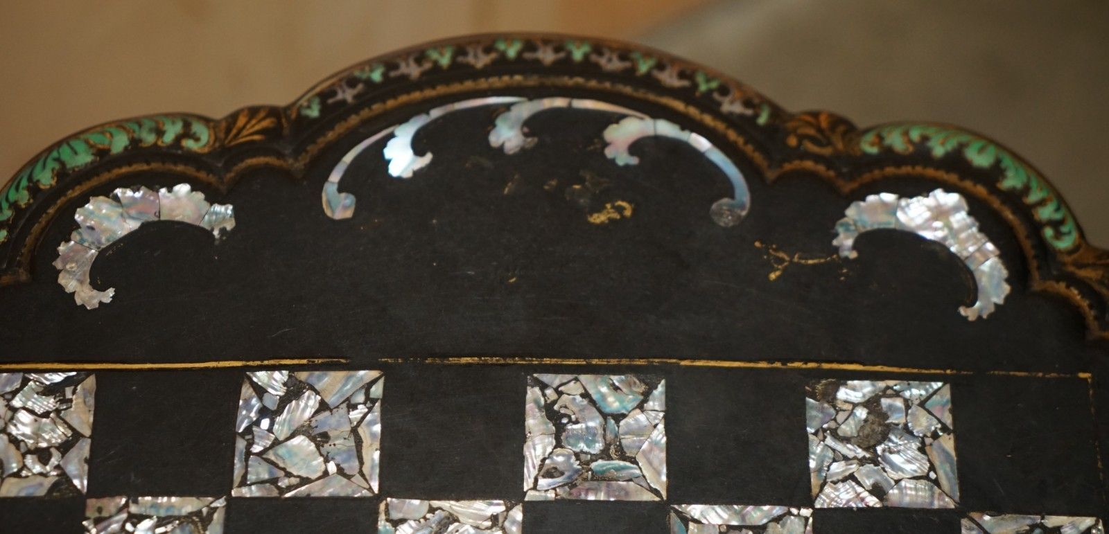 Furniture Antique Victorian 1860 Black Lacquer Mother Of Pearl Chess Tilt Top Games Table photo