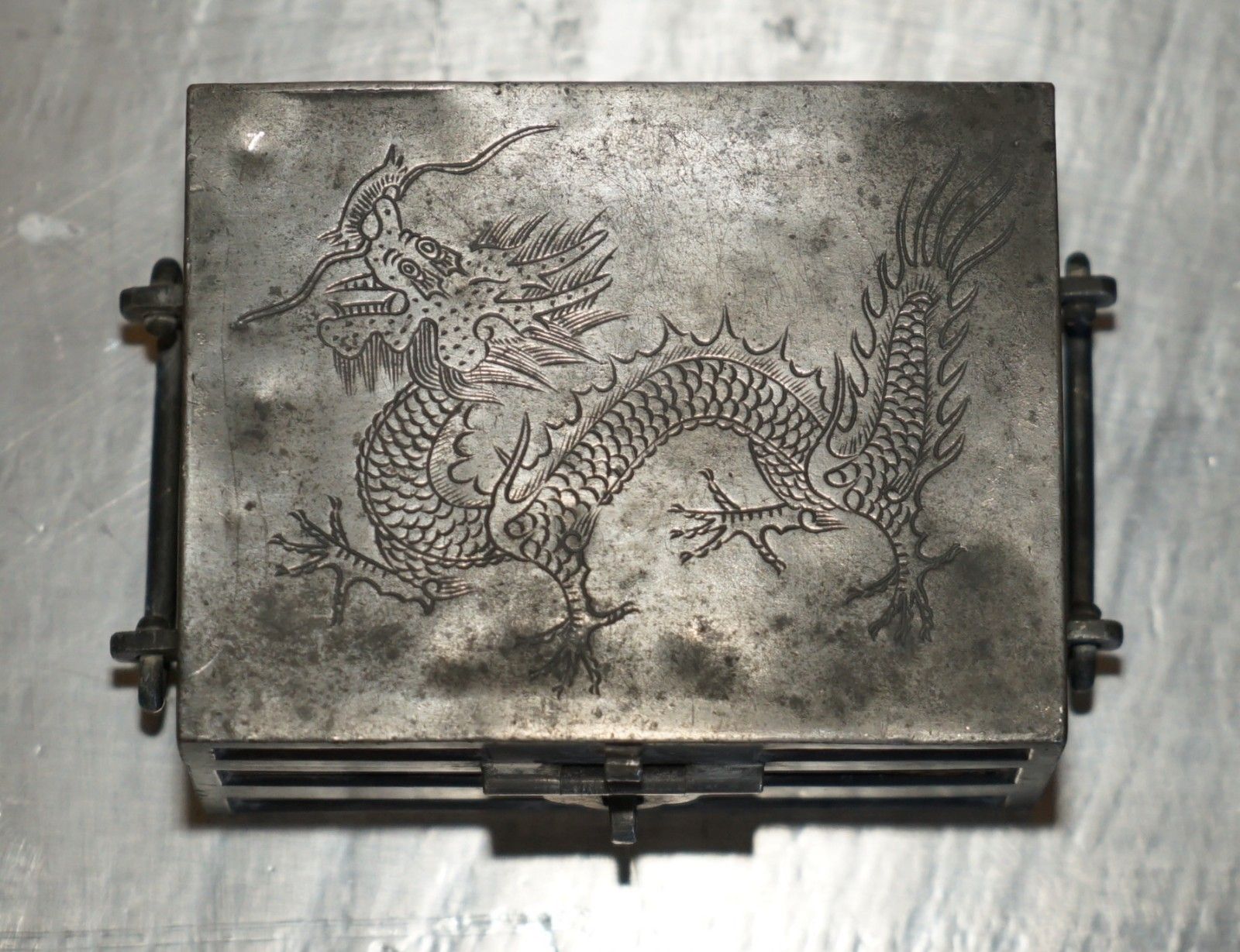 Antique Circa 1920 Chinese Kut Hing Pewter & Wood Carved Dragon Jewellery Box photo furniture