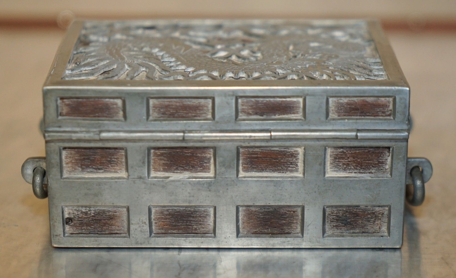 photo for sale Antique Circa 1900 Chinese Kut Hing Pewter & Wood Carved Dragon Jewellery Box