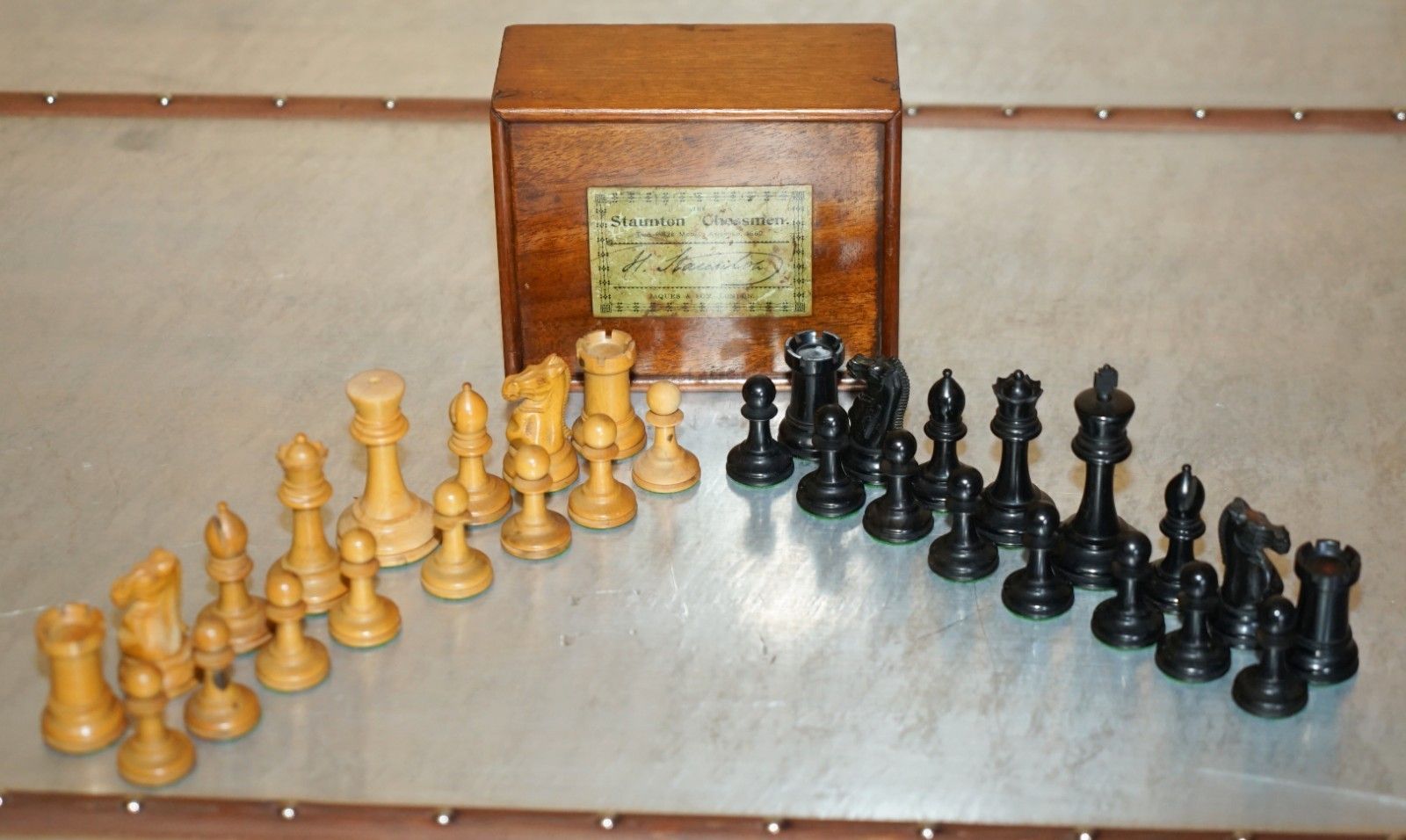 Antique Victorian Jacque Staunton Chessman Stamped Chess Set In Original Box photo furniture