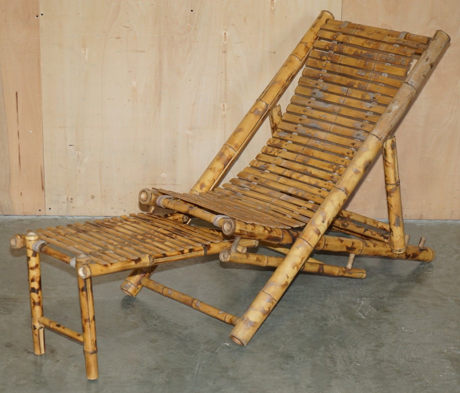 Pair Of Mid Century Modern Cir 1950 Bamboo Reclining Sling Armchairs & Footstool photo for sale