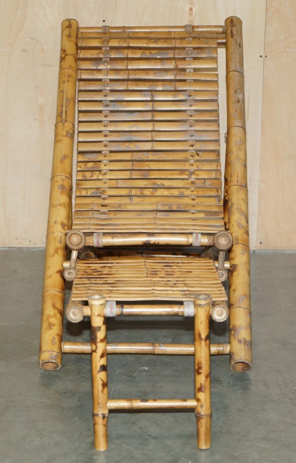 Pair Of Mid Century Modern Cir 1950 Bamboo Reclining Sling Armchairs & Footstool photo Furniture