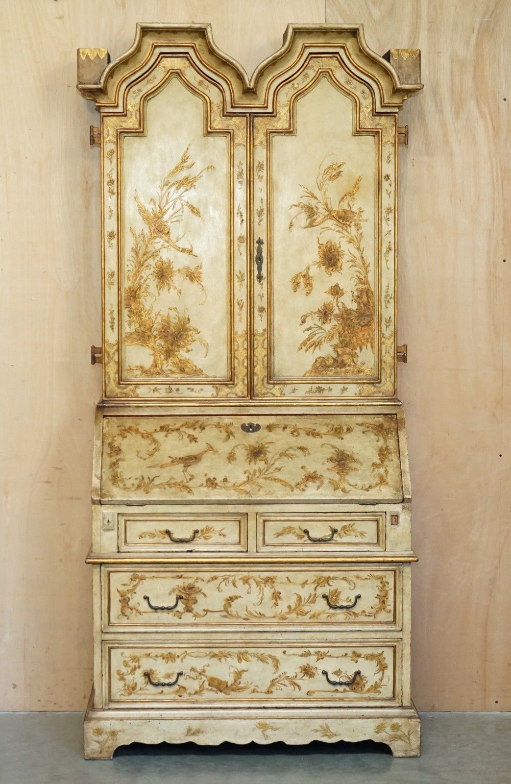 Circa 1900 Venetian Chinoiserie Decorated Parcel Gilt Bureau Bookcase Drawers photo furniture