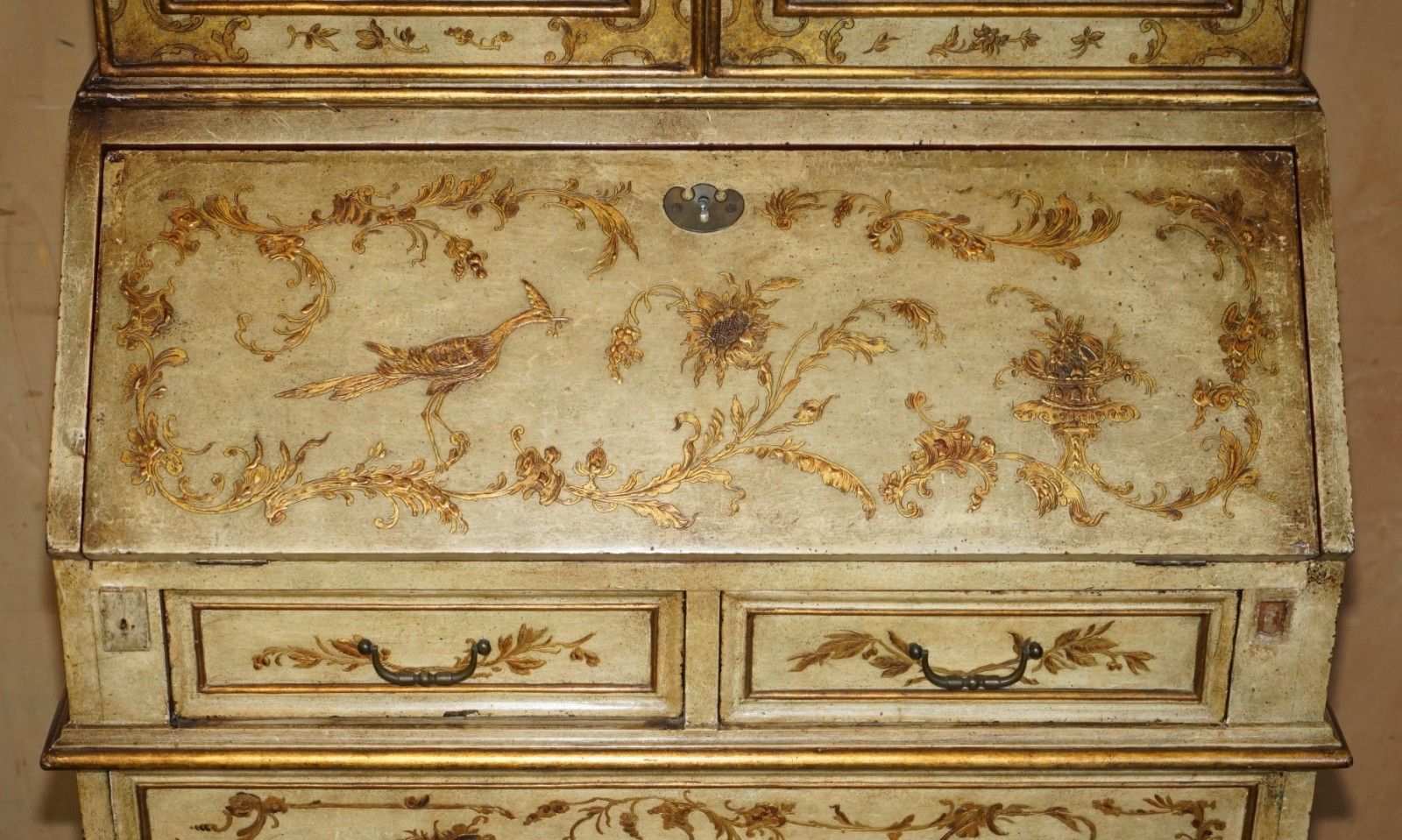 Circa 1900 Venetian Chinoiserie Decorated Parcel Gilt Bureau Bookcase Drawers photo Furniture