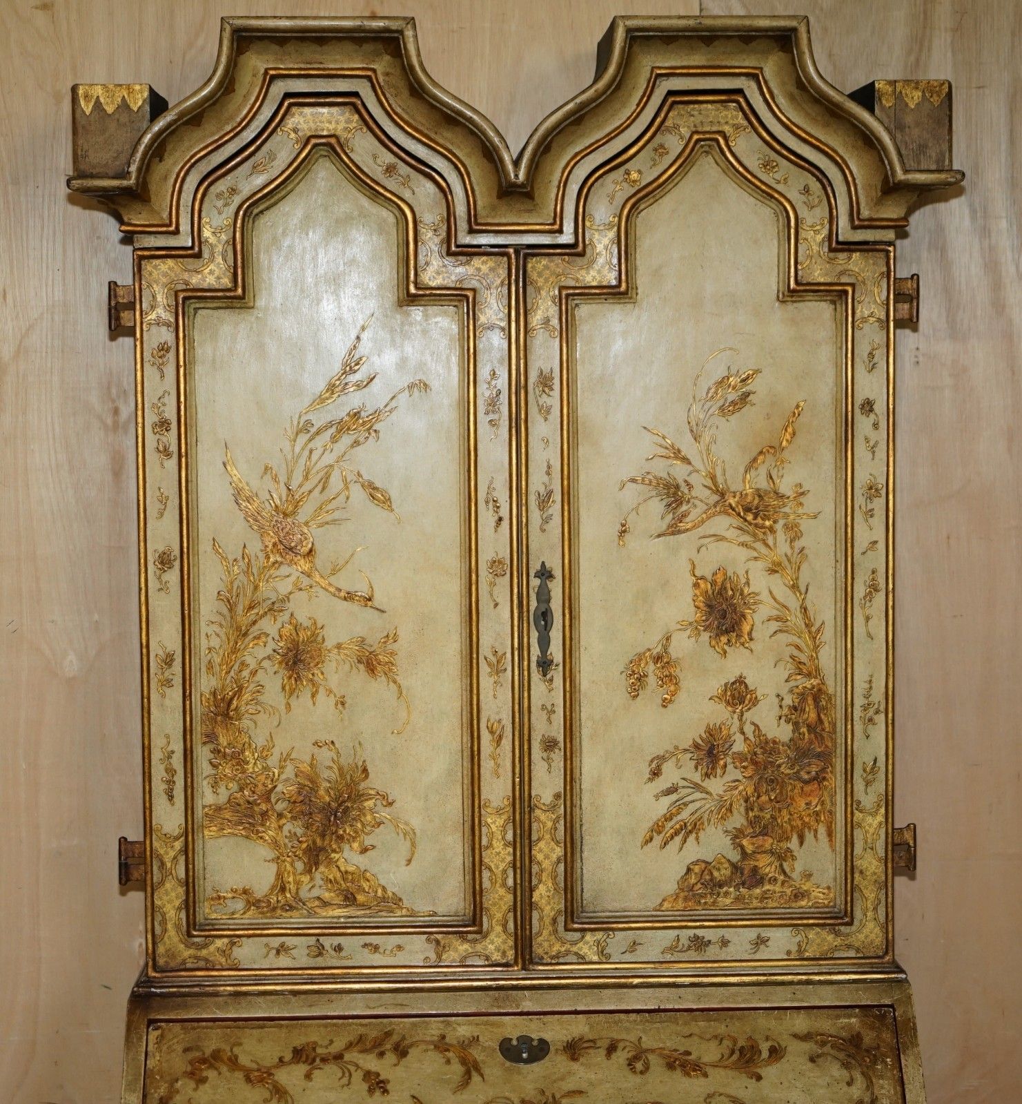 Circa 1900 Venetian Chinoiserie Decorated Parcel Gilt Bureau Bookcase Drawers photo vintage