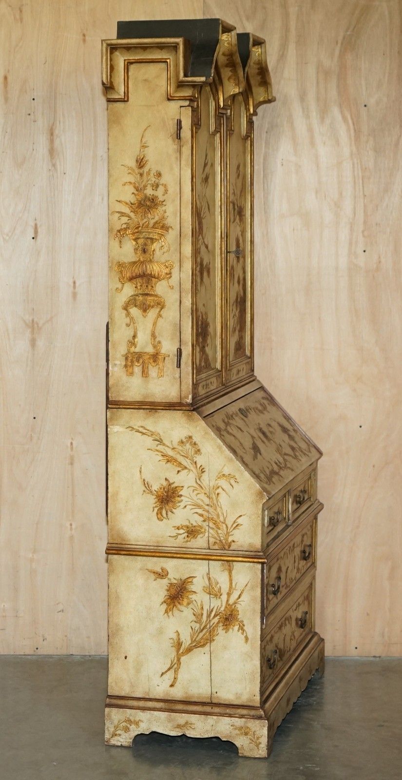 photo for sale Circa 1900 Venetian Chinoiserie Decorated Parcel Gilt Bureau Bookcase Drawers