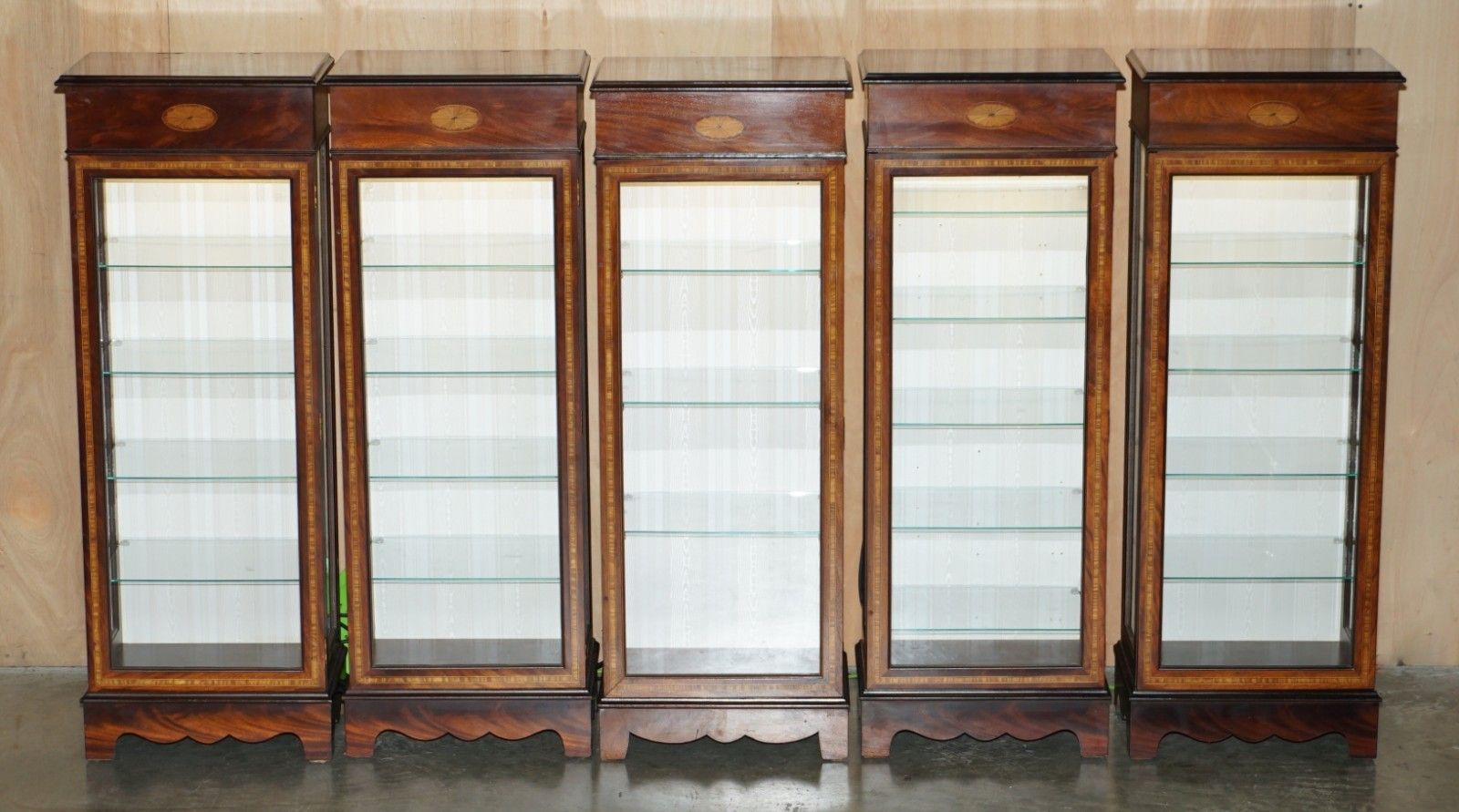 Suite Of Five Sheraton Revivial Led Light Display Cabinets With Glass Shelves photo furniture
