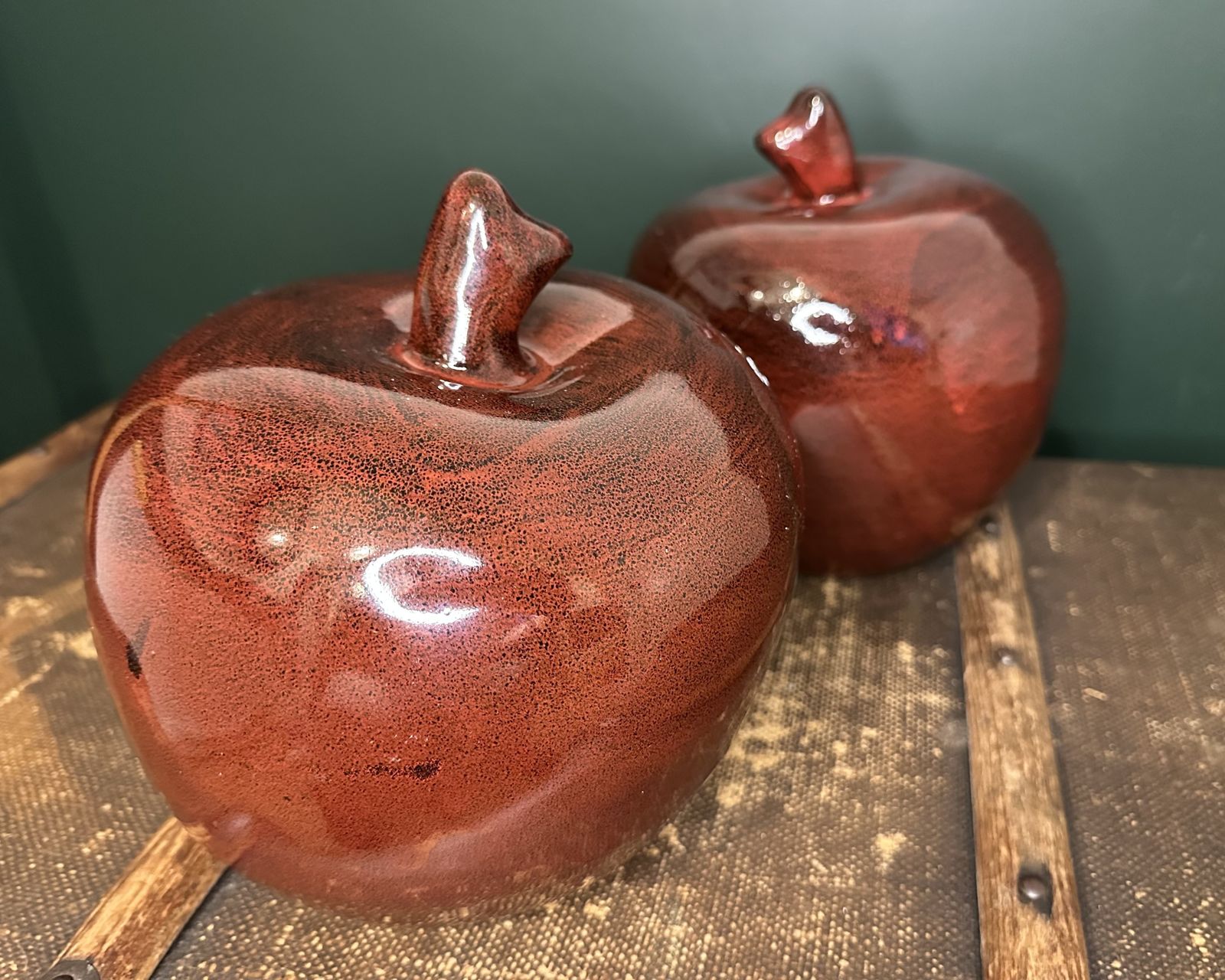 Heavy Vintage Ceramic Apple Bookends Red Glaze Mid Century photo 80.0