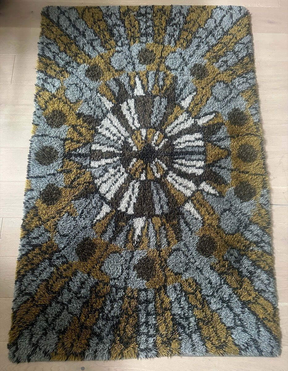 1960s Vintage Mid Century Scandinavian Rya Shagpile "Sun Dial" Knotted Wool Rug photo furniture