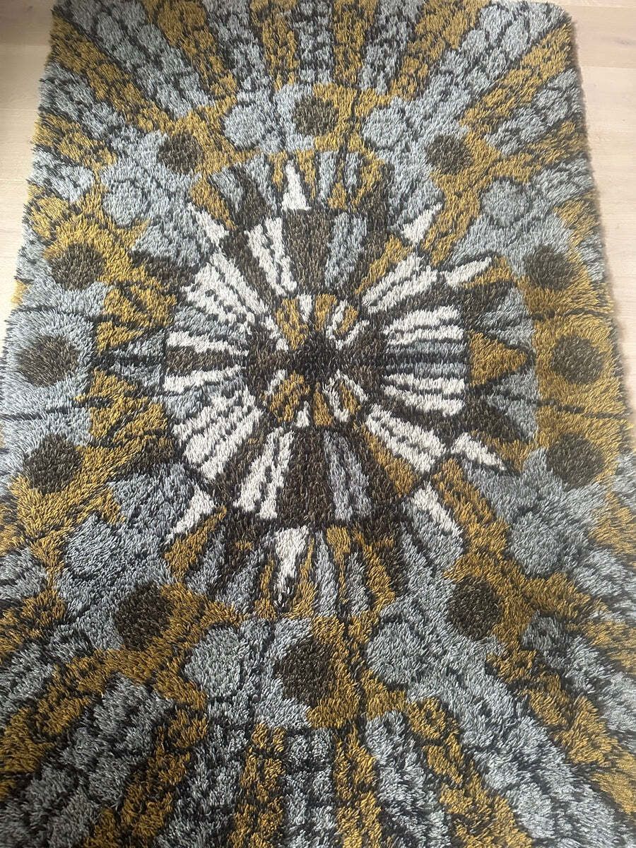 1960s Vintage Mid Century Scandinavian Rya Shagpile "Sun Dial" Knotted Wool Rug photo 1750.0