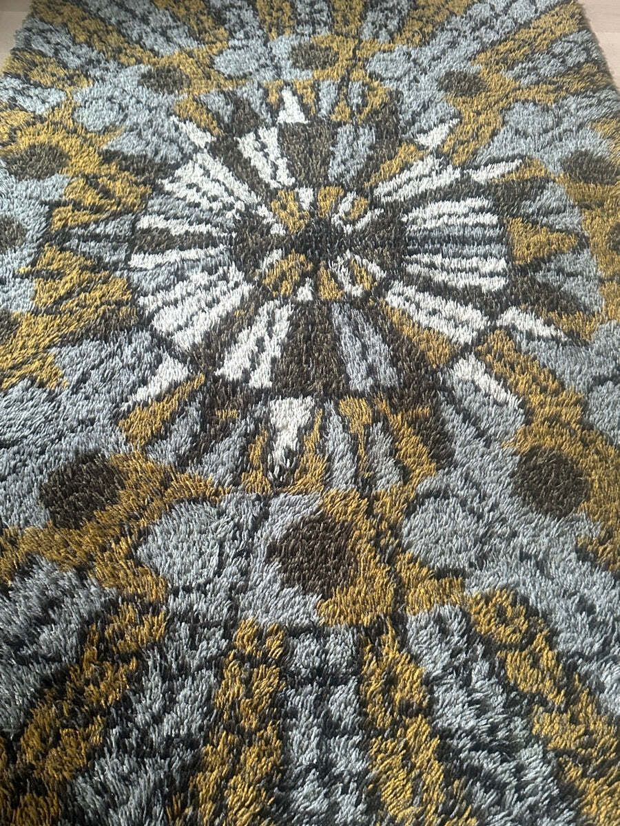 photo furniture 1960s Vintage Mid Century Scandinavian Rya Shagpile "Sun Dial" Knotted Wool Rug