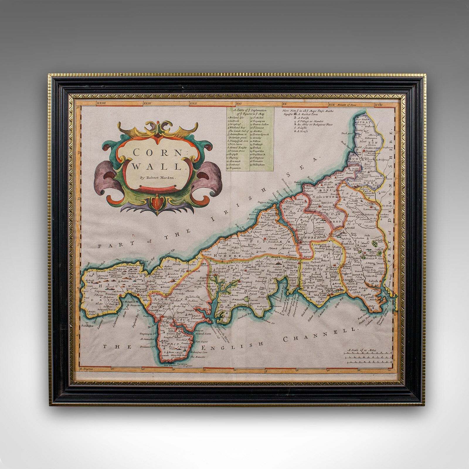 Antique County Map, Cornwall, Kernow, English, Framed, Robert Morden, Georgian photo furniture