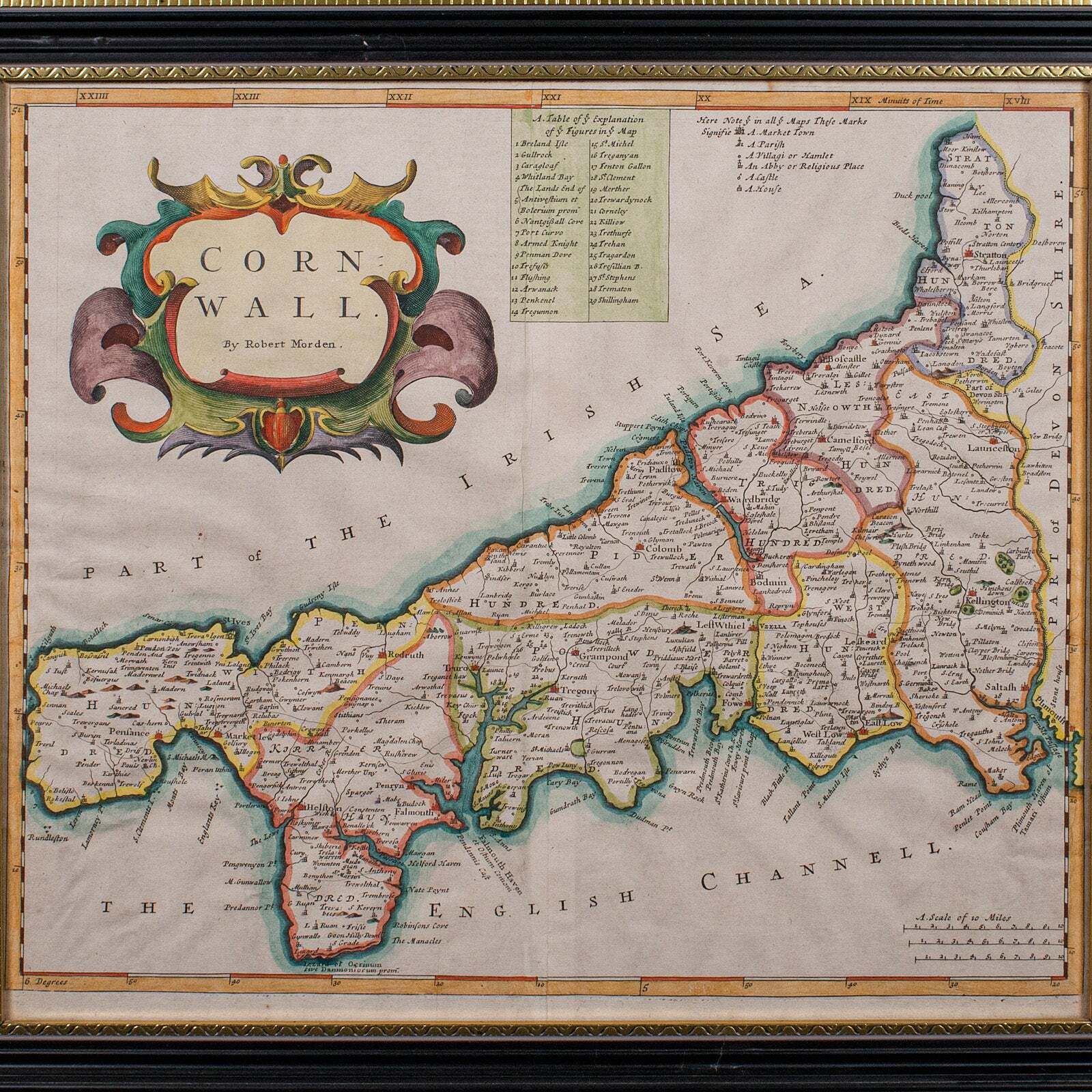 Antique County Map, Cornwall, Kernow, English, Framed, Robert Morden, Georgian photo Art