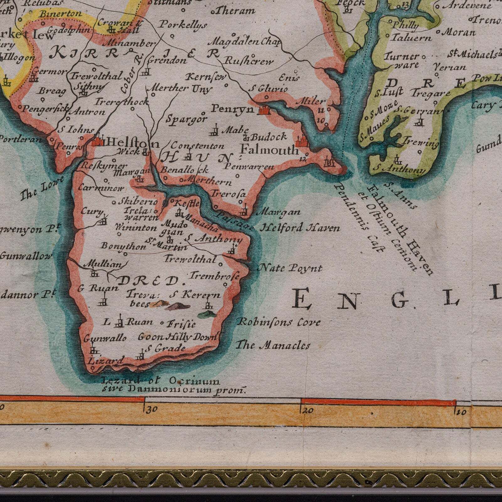 Antique County Map, Cornwall, Kernow, English, Framed, Robert Morden, Georgian photo vintage