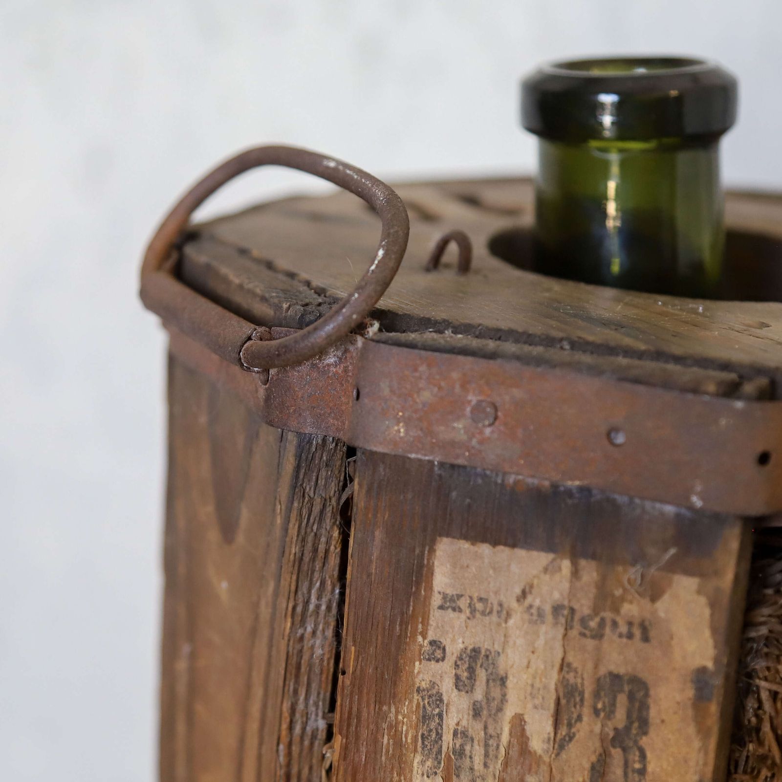 Rustic Early 20th Century French Vineyard Glass Decanter   Original Wooden Casing photo for sale