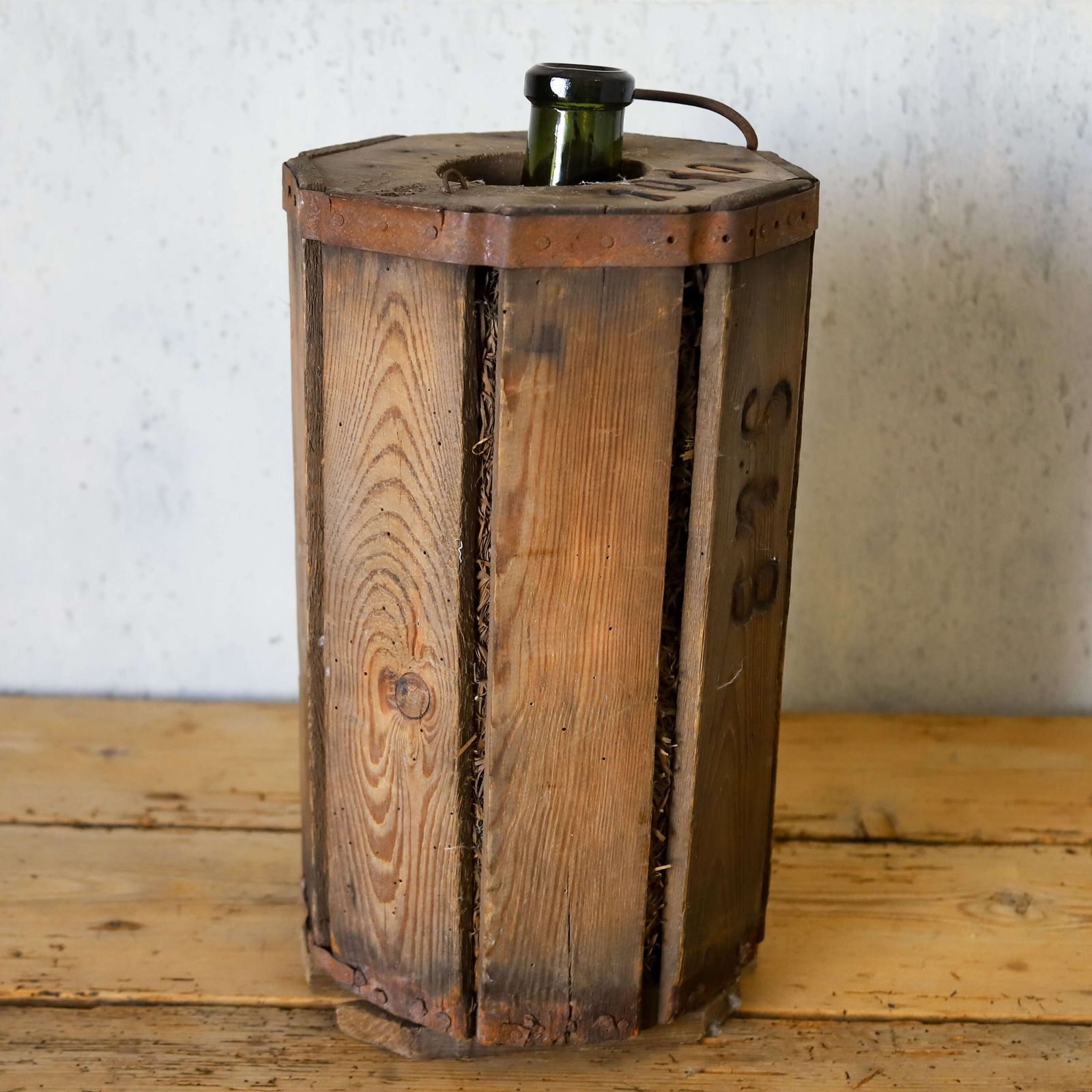 Rustic Early 20th Century French Vineyard Glass Decanter   Original Wooden Casing photo Home Decor