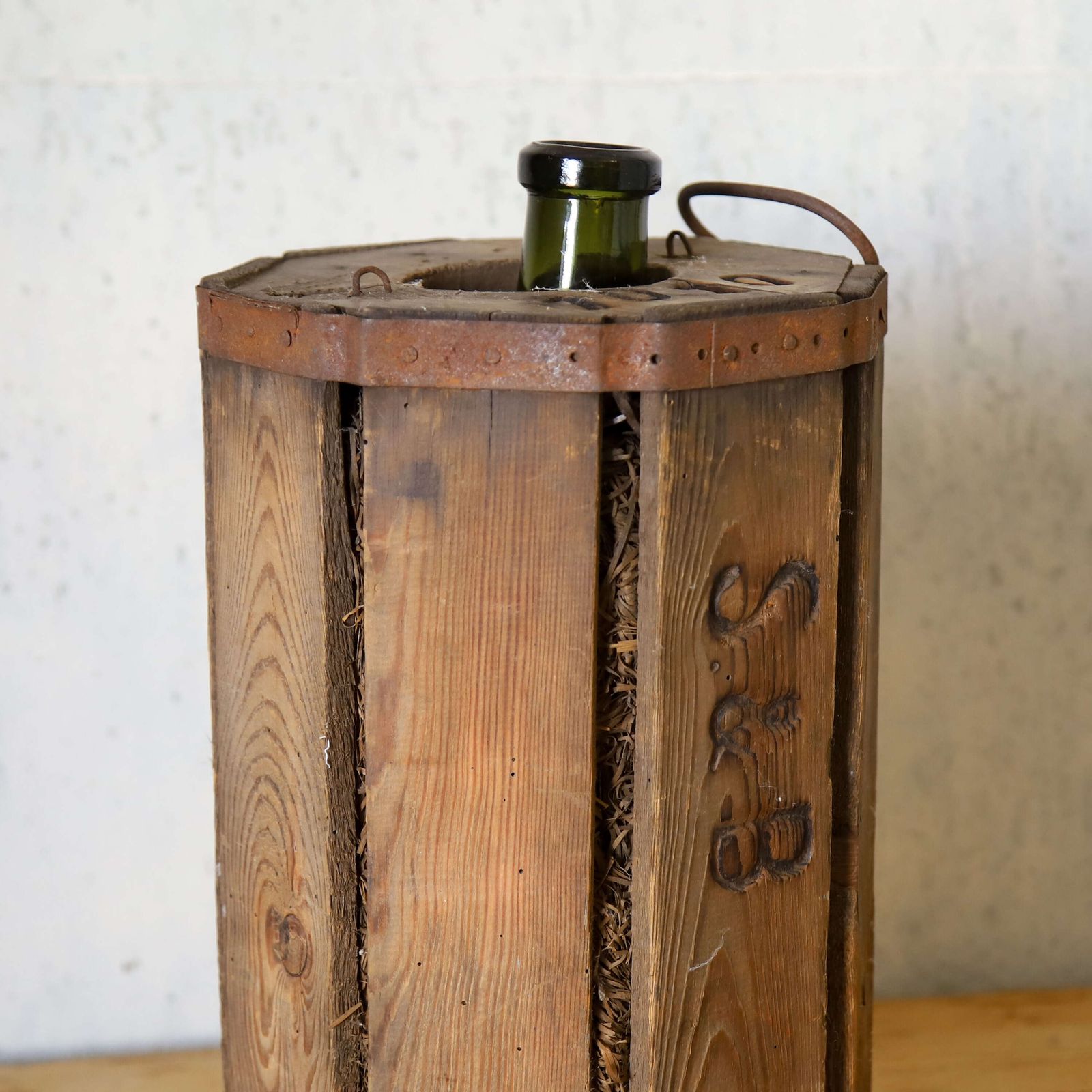 Rustic Early 20th Century French Vineyard Glass Decanter   Original Wooden Casing photo vinterior