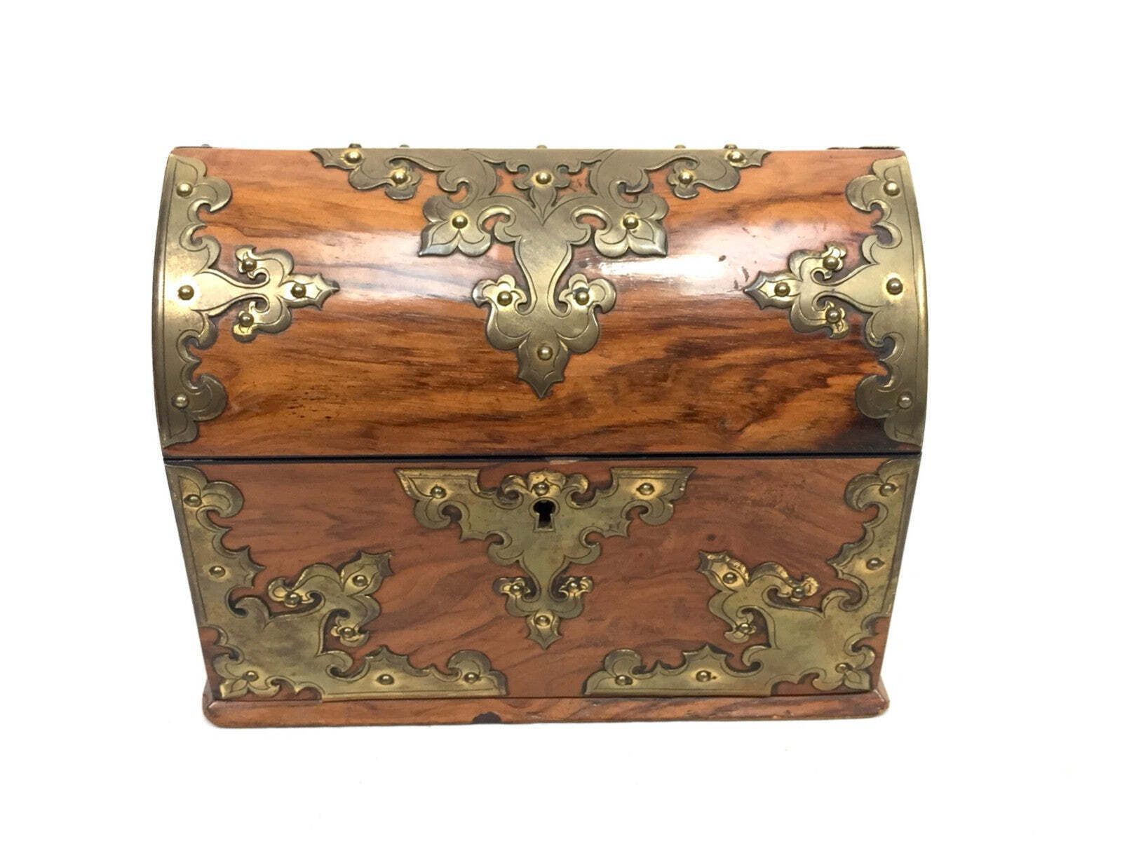 Antique Victorian Walnut & Brass Tabletop Stationery Box Cabinet / Letter Rack