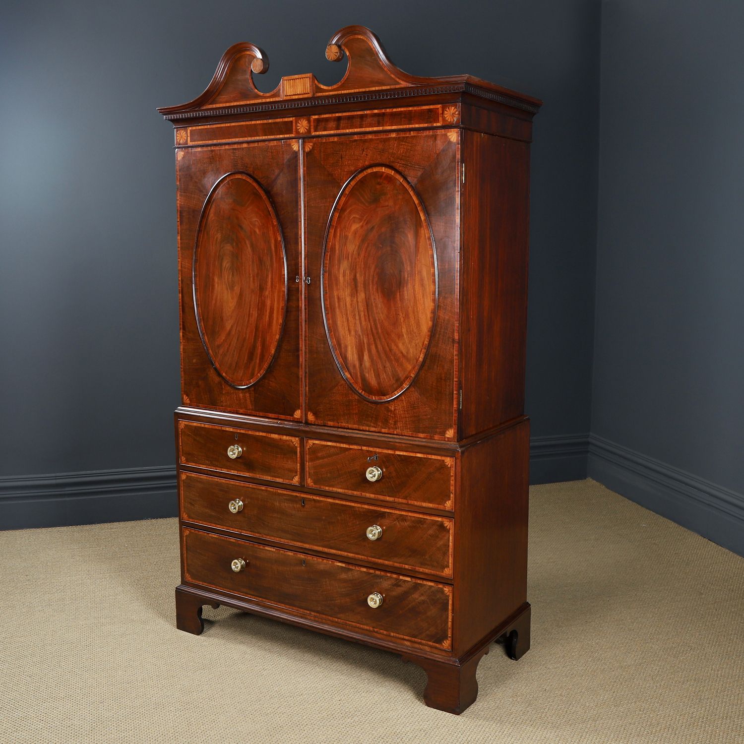 English Georgian Flame Mahogany Linen Press Chest Wardrobe Armoire (Circa 1780)