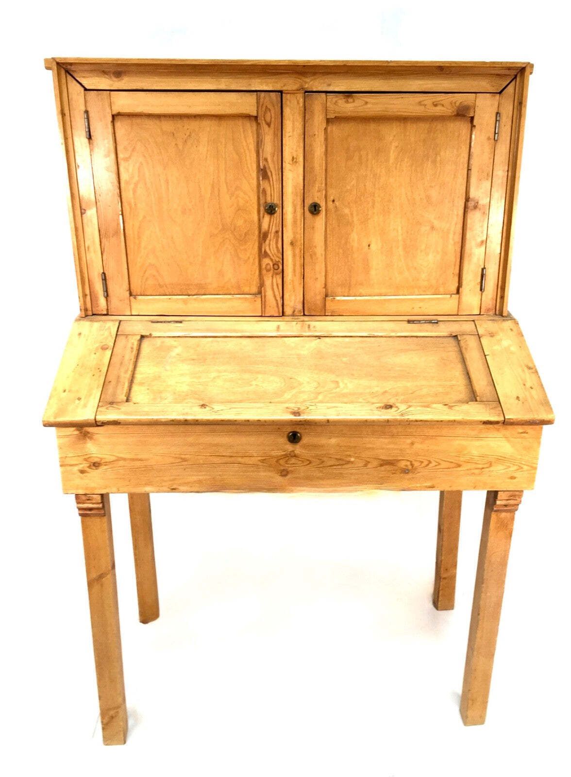 Antique French Pine Wooden Clerks Shop Desk / Storage Cabinet With Key C.1900 photo Furniture