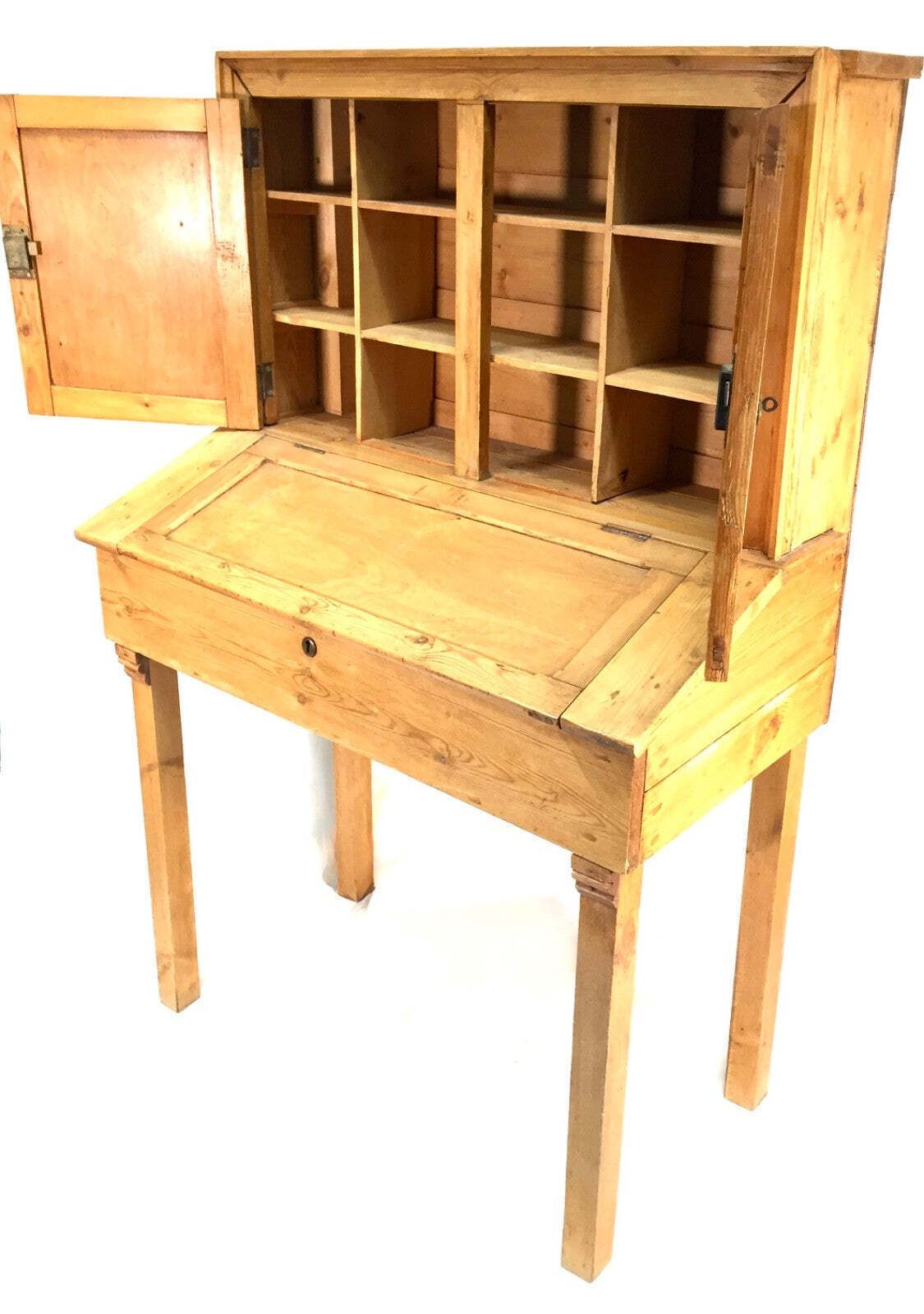 Antique French Pine Wooden Clerks Shop Desk / Storage Cabinet With Key C.1900 photo 399.0