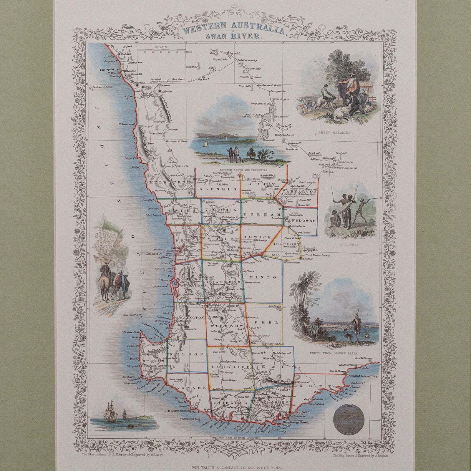 Vintage Western Australia Map, Framed Print, Swan River, John Tallis Cartography photo Art