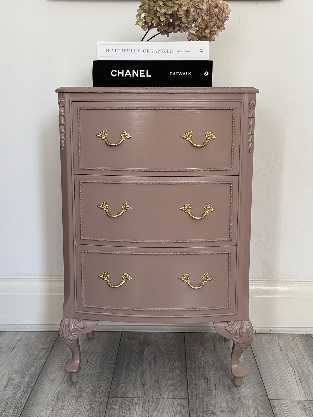 Olympus, French Bedside Cabinets, Bedside Tables, Chest Of Drawers Hand Painted In Damask, Dusty Pink photo Furniture
