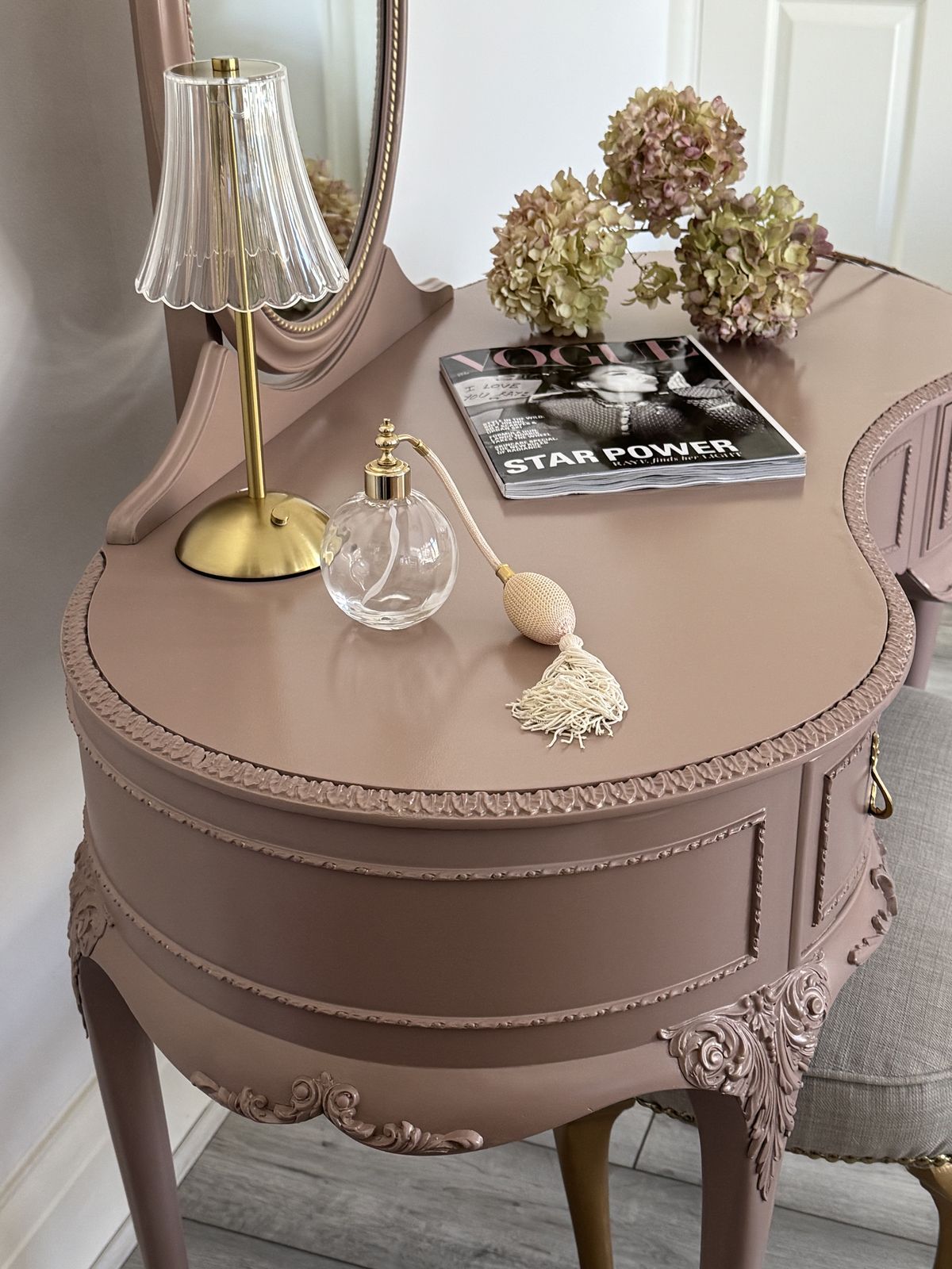 French Romantic Olympus Dressing Table, Hand Painted In Dusty Pink From Fusion Mineral Paint   Damask photo buy