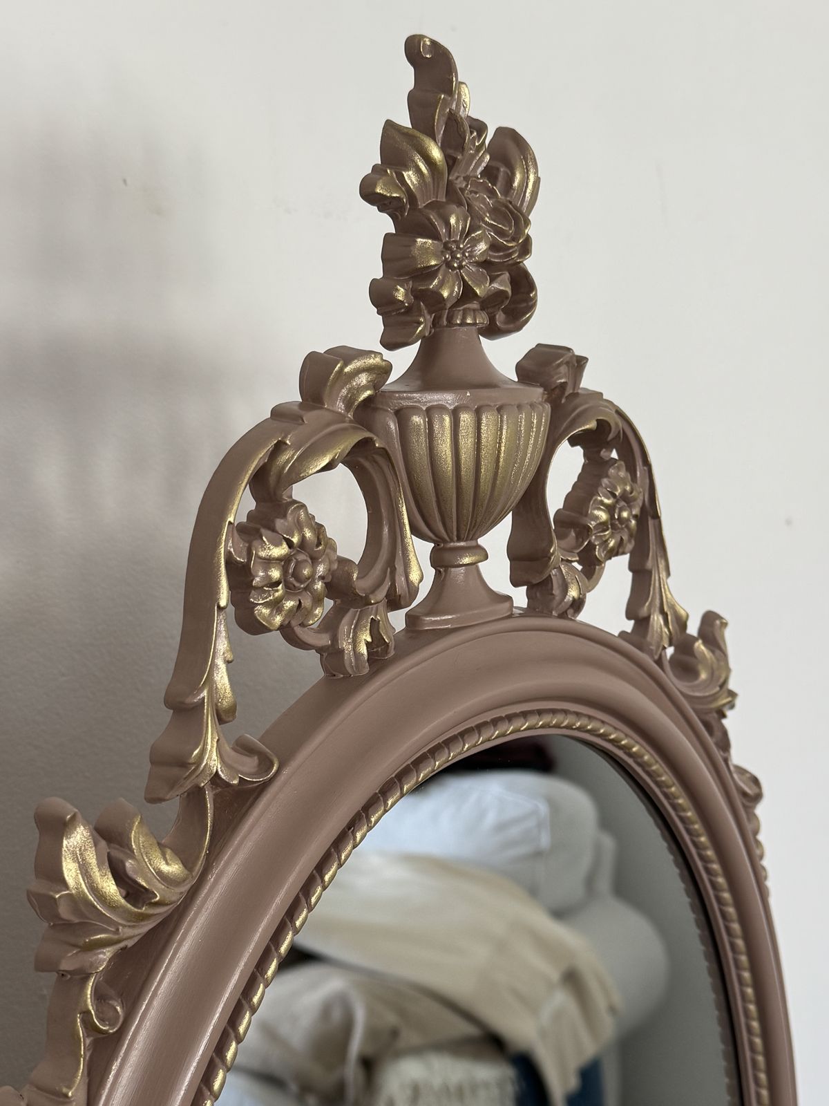 photo for sale French Romantic Olympus Dressing Table, Hand Painted In Dusty Pink From Fusion Mineral Paint   Damask
