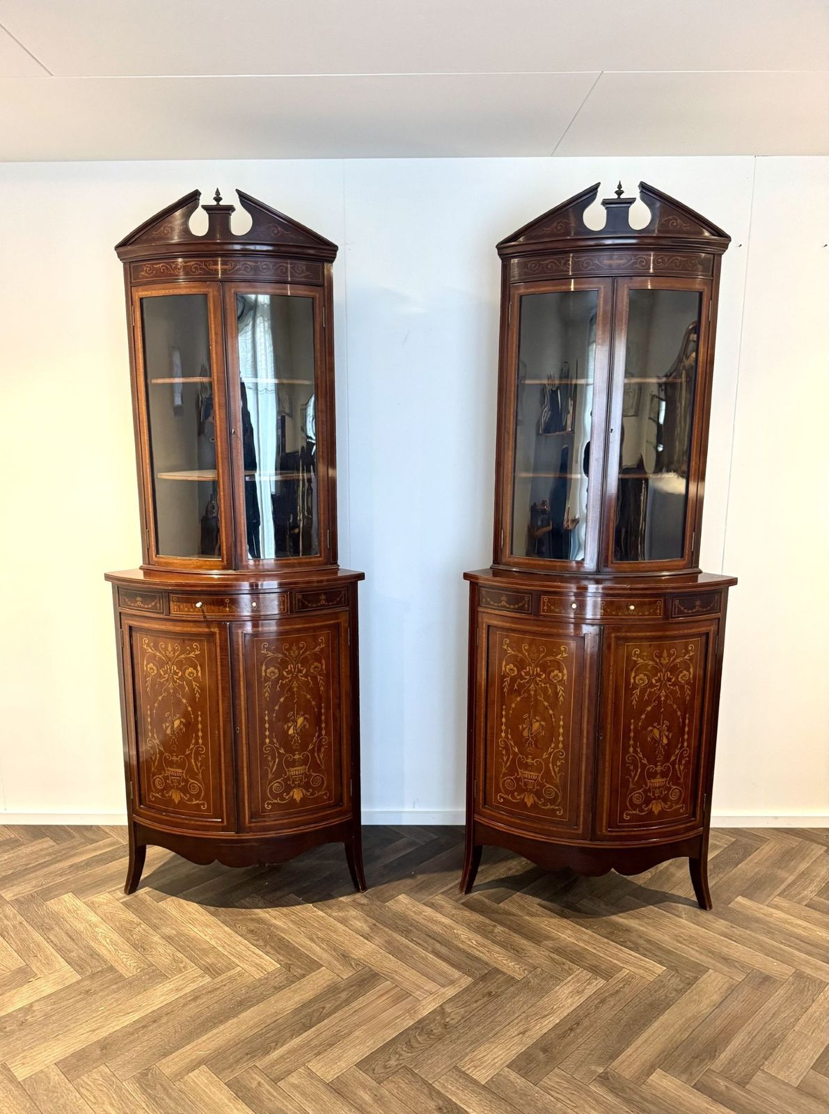 Superb Quality Pair Of Antique Mahogany Marquetry Inlaid Corner Cabinets photo furniture