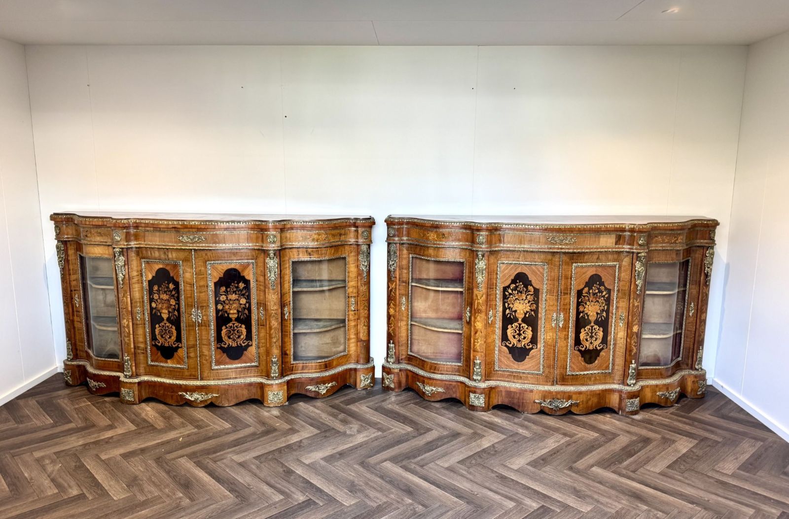 Exceptional Quality Pair Of Antique Walnut Marquetry Inlaid Credenzas photo furniture