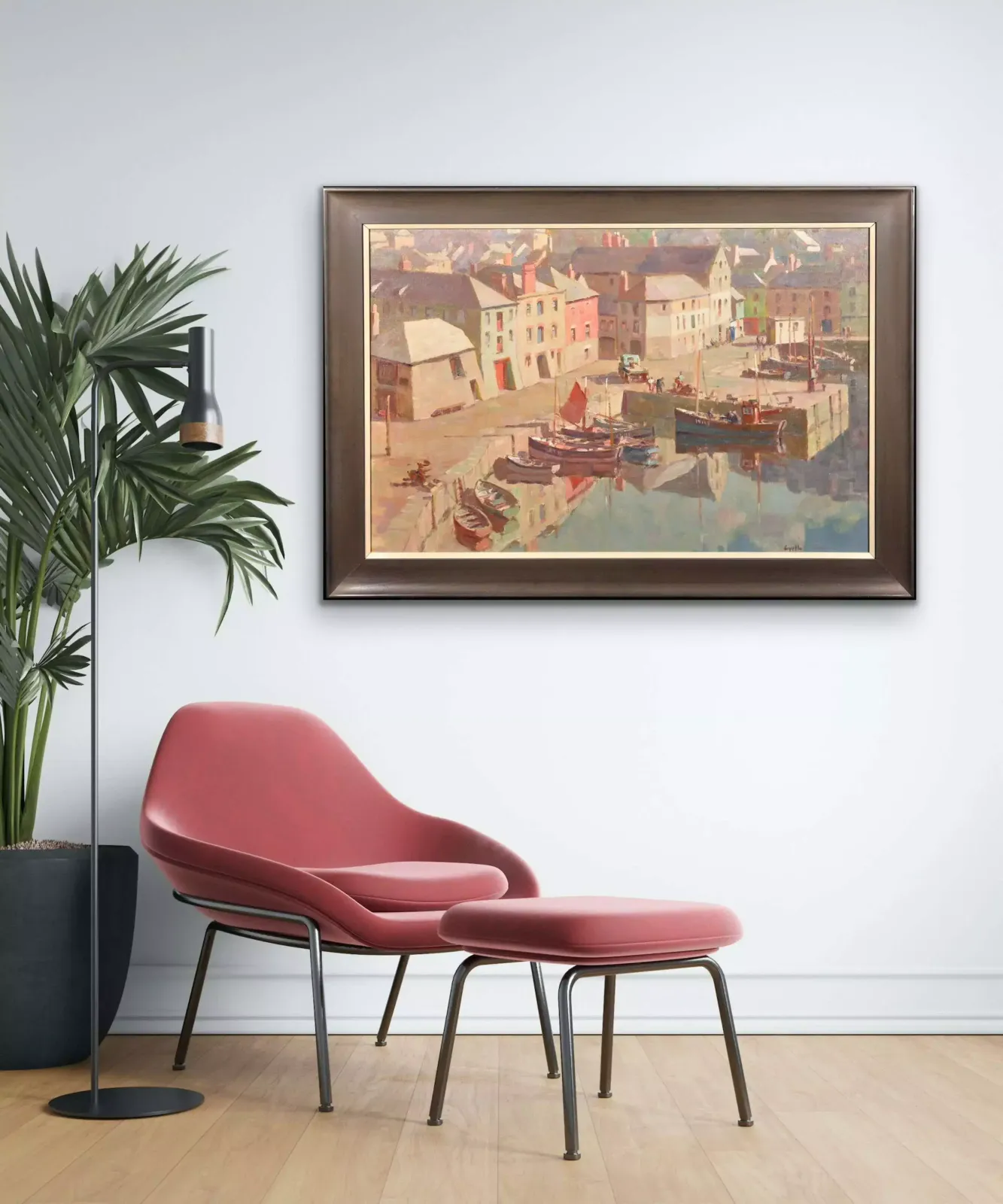 photo vinterior Gyrth Russell 1892 To 1970. Canadian. Before The Hot Day Brightens To Blue (Mevagissey Harbour, Cornwall). Framed Cornish Landscape Oil Painting.