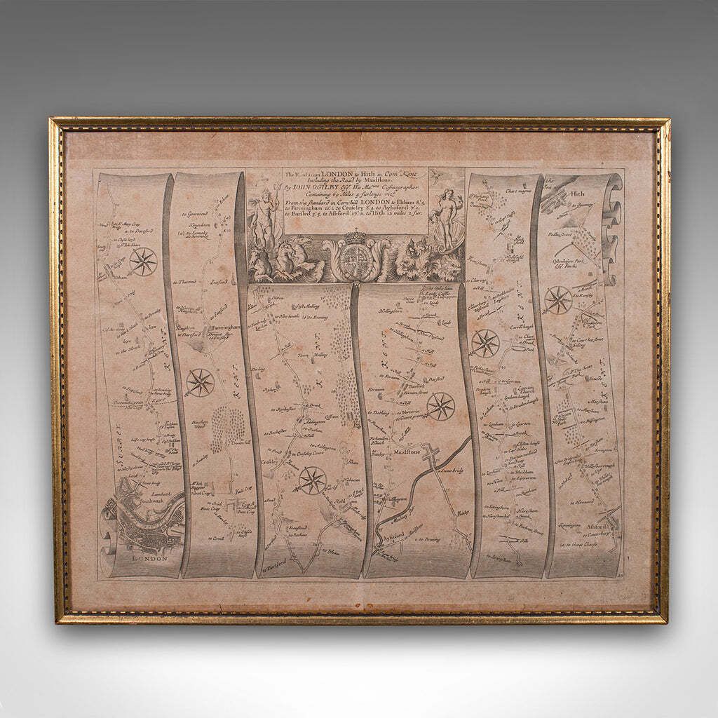 Antique Road Map, London To Hythe, Kent, English, Cartography, John Ogilby, 1675 photo furniture