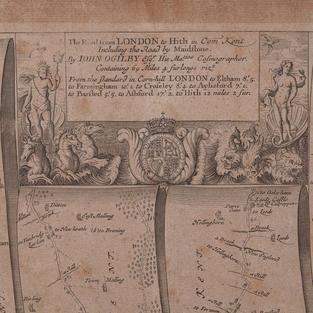 Antique Road Map, London To Hythe, Kent, English, Cartography, John Ogilby, 1675 photo 536.0